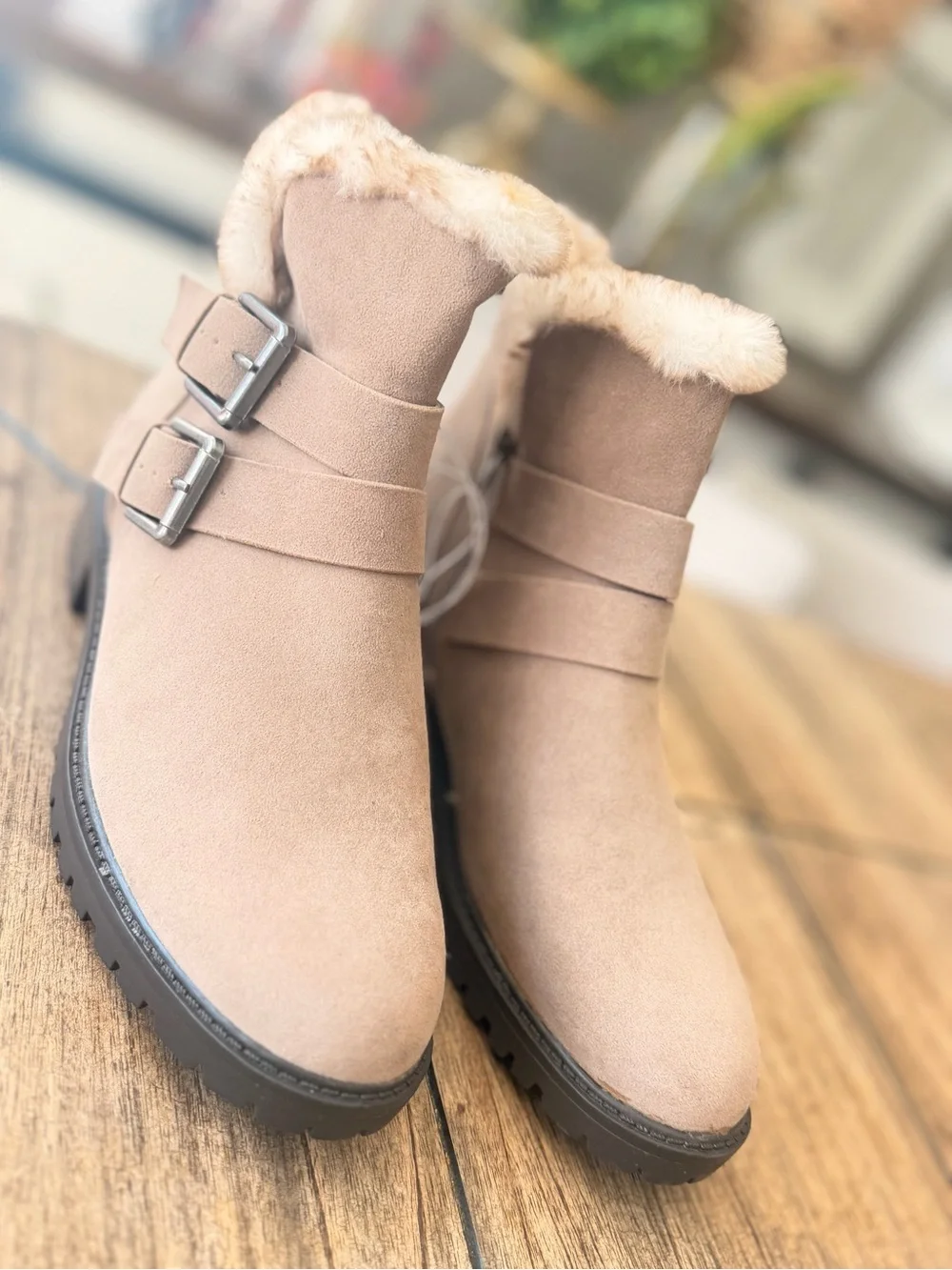 Universal Thread tan faux-suede double-buckle moto ankle boots feature a plush